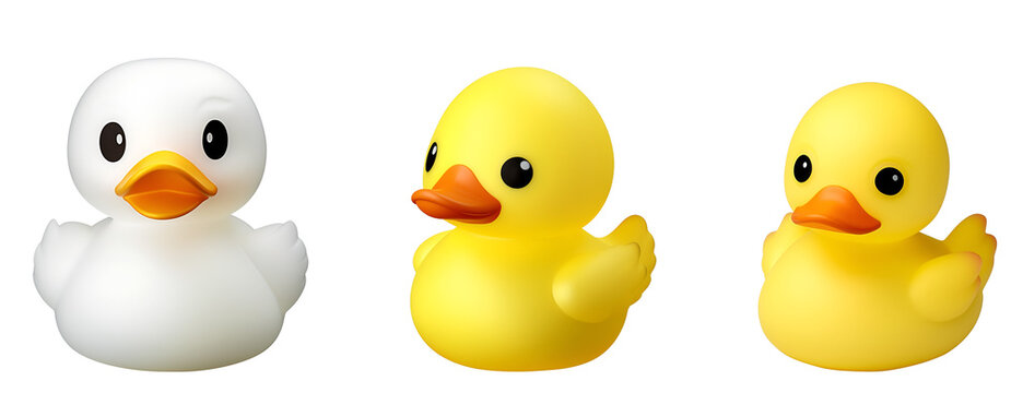Cute Duck Set for Kids: 3D Rendered Banner of White and Yellow Ducks in the Style of Plastic Bath Toys, Isolated on Transparent Background, PNG