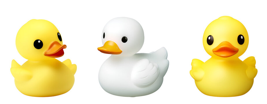3D Rendering of a Cute Set of Ducks: White and Yellow Plastic Bath Toys Style Banner for Kids, Isolated on Transparent Background, PNG