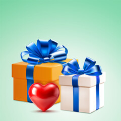 Valentine's day illustration with big red heart and two colored gift boxes with ribbons and bows