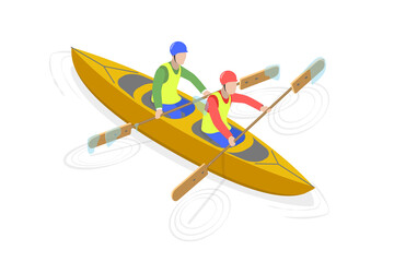 3D Isometric Flat  Illustration of Rafting Sport Competition, Extreme Activity at River Stream