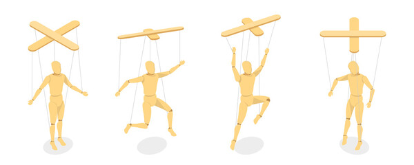 3D Isometric Flat  Set of Wooden Marionettes, Puppet on Ropes