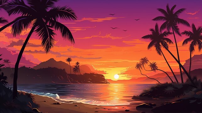 A vibrant sunset over a tropical beach, with palm trees silhouetted against the orange and pink hues of the evening sky.