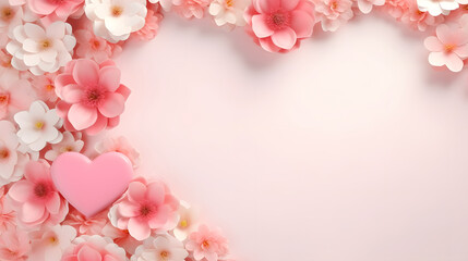 Pink flowers and heart shape on pastel background, valentine's day or holiday concept