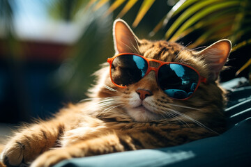 cute, funny, happy, adorable cat, kitty on the beach with humorous sunglasses. summertime, beach palm tree, heat relax, vacation. - obrazy, fototapety, plakaty