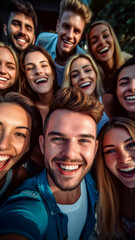 Group of happy young adults posing together for a selfie young smiling croud of people summer self portrait of attractive friends on holiday