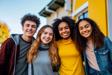 Obraz premium Group of happy multiracial college students posing for a portrait Multi ethnic university students on campus having their photograph taken young adults in education leaders of the future