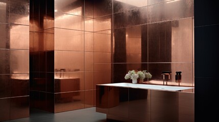 A wall covered in large-format tiles with a metallic sheen, creating a contemporary and luxurious feel.