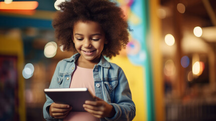 A young girl happily holds a tablet, her face beaming with a smile as she engages with the device. - Powered by Adobe