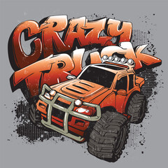 vector illustration of monster truck car for t shirt design. Big car print on grunge textured background with graffiti text. Street art style slogan and SUV print © Kseniia Koval