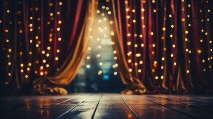 An empty stage with red curtains and bright lights shining on it, ready for a performance.