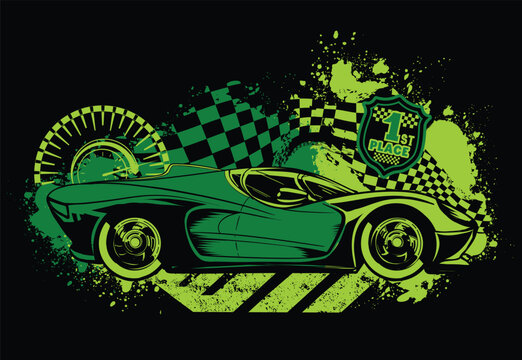 Sport Car design. Racing sport car background with spray paint ink, chequered flag, arrows. Speed race vehicle.
