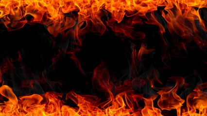 Freeze motion of fire flames isolated on black background