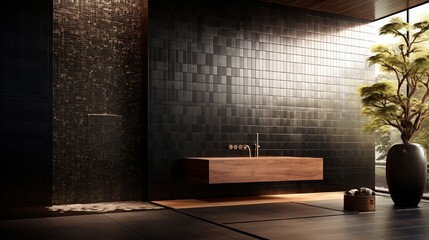 A wall covered in small rectangular tiles with a glossy finish, creating a sleek and modern aesthetic.