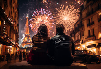 A couple in love watching fireworks in the sky on New Year's Eve in Paris, view from the back