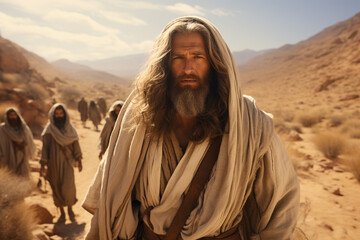 Led by faith and divine calling, Moses guides Israelite Jews through impenetrable wilderness, lighting way for them reach promised land and providing them with divine protection. desert.