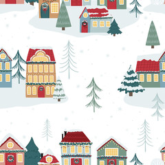 Seamless pattern with cute houses and Christmas decor, vector. Can be used for printing on fabric, wrapping paper, postcards.