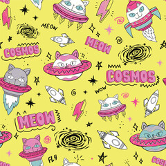 Kids cute seamless pattern with cat in space. Space background. print for T-shirts, textiles, wrapping paper, web.
