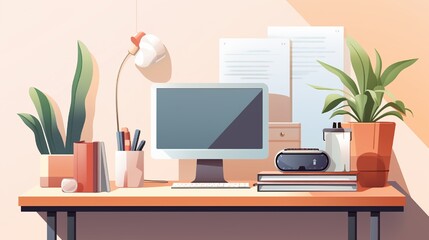 A well-organized desk with a computer, stationery, and a potted plant, providing a productive work environment.