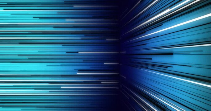 Background of blue black and white neon bright lines coming from two direction and meeting at center creating a vertical dark line. Stream of glowing stripes moving left to right and front to back.