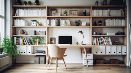 A well-organized home office space, complete with a tidy desk, ergonomic chair, and shelves filled with productivity-boosting books. - obrazy, fototapety, plakaty