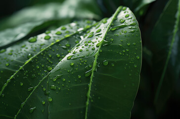 Beautiful closeup of a green leaf with droplets of water, extreme close up, nature photography