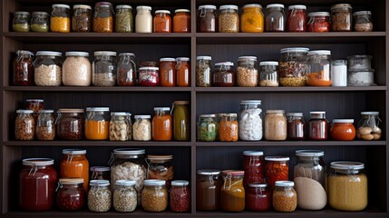 A well-organized pantry with shelves filled with canned goods and dry ingredients.