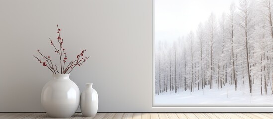 Scandinavian room with vases on wooden floor and window view Nordic home interior