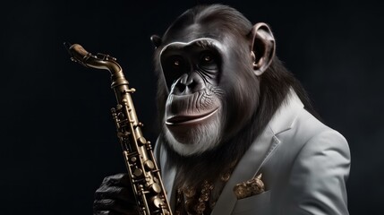 Chimpanzee in a suit with a saxophone on a dark background. Portrait of an Chimpanzee with a saxophone on a black background. Chimp. Chimpanzee. Evolution Concept