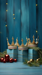 Three golden crowns with festive Christmas decoration on a light blue worn wooden background, the...