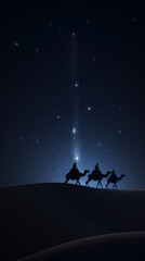 Silhouette of the three Wise Men on their camels walking through the nocturnal desert towards the portal of Bethlehem, copy space - obrazy, fototapety, plakaty