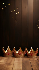 Three golden crowns of the Wise Men on a dark wooden background.copy space