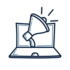 Hand drawn megaphone with laptop doodle line illustration. Megaphone with laptop doodle icon.