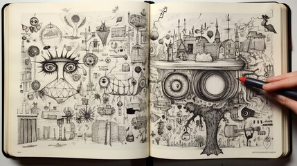 A well-used sketchbook with doodles and ideas, reflecting the daily musings and creative expressions of an artist.