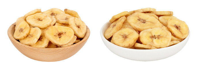 Dried banana chips in wooden and ceramic bowl isolated on white background with full depth of field