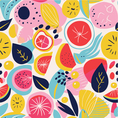 Tropical fruits playfully arranged in aesthetic patterns and abstract shapes reminiscent of nature. Lemon, papaya, watermelon, orange, strawberry, leaves, stem. Vector art illustration design.