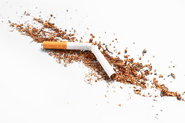 Broken cigarette with tobacco on white background. Lung cancer concept