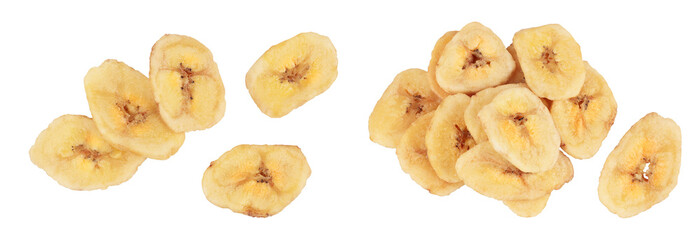 Dried banana chips isolated on white background with full depth of field. Top view. Flat lay
