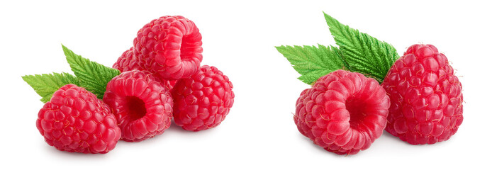 Ripe raspberries with leaf isolated on a white background - obrazy, fototapety, plakaty
