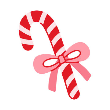 Christmas candy cane striped with bow knot. Xmas lollipop in cartoon flat style. Festive New Year caramel sweet. Isolated vector illustration on a white background. Perfect for winter holiday design.