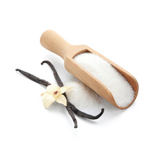 Scoop with vanilla sugar, flower and sticks on white background