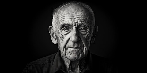 Classic black and white studio portrait of an elderly man with deep wrinkles, reflective gaze