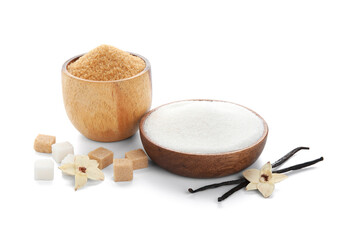 Bowls with aromatic vanilla sugar, flowers and sticks on white background