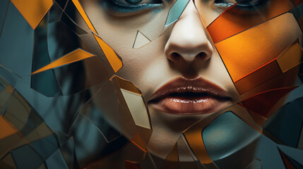 Cubist-inspired abstract portrait, multifaceted face with sharp angular lines, contrasting warm and cool hues