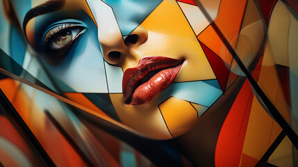 Cubist-inspired abstract portrait, multifaceted face with sharp angular lines, contrasting warm and cool hues