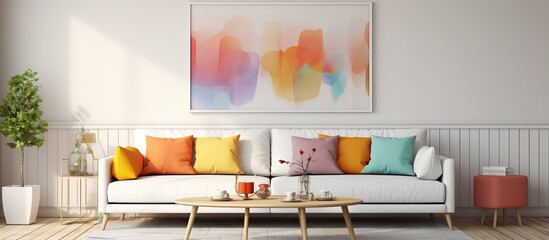 Scandinavian illustration of a white living room featuring a colorful sofa