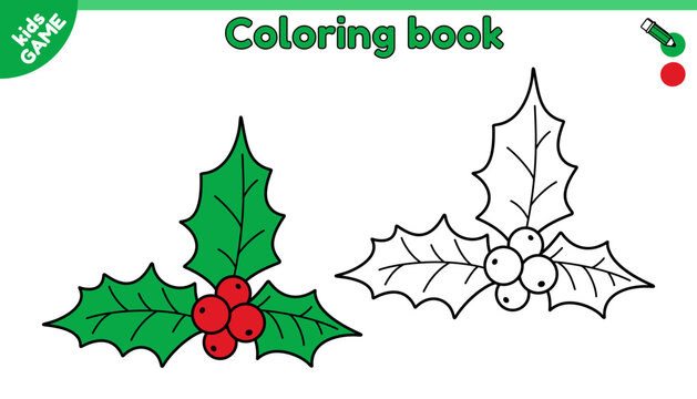 Page of kids coloring book with Christmas mistletoe. Color the outline holiday Xmas plant. New Year activity book for preschool and school children. Black and white vector cartoon illustration.