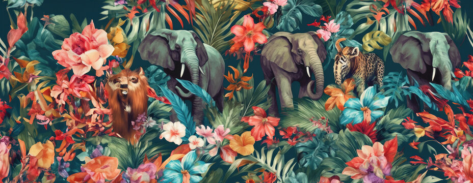 Tropical exotic pattern with animal and flowers in bright colors and lush vegetation. Ai Generative.