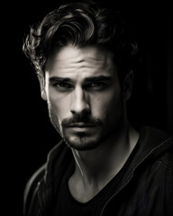 Fototapeta premium Intense black and white actor's headshot, piercing eyes, stubbled chin, dramatic side lighting