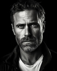 Obraz premium Intense black and white actor's headshot, piercing eyes, stubbled chin, dramatic side lighting