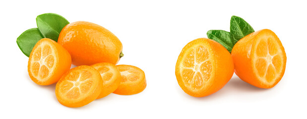 Cumquat or kumquat with slices isolated on white background